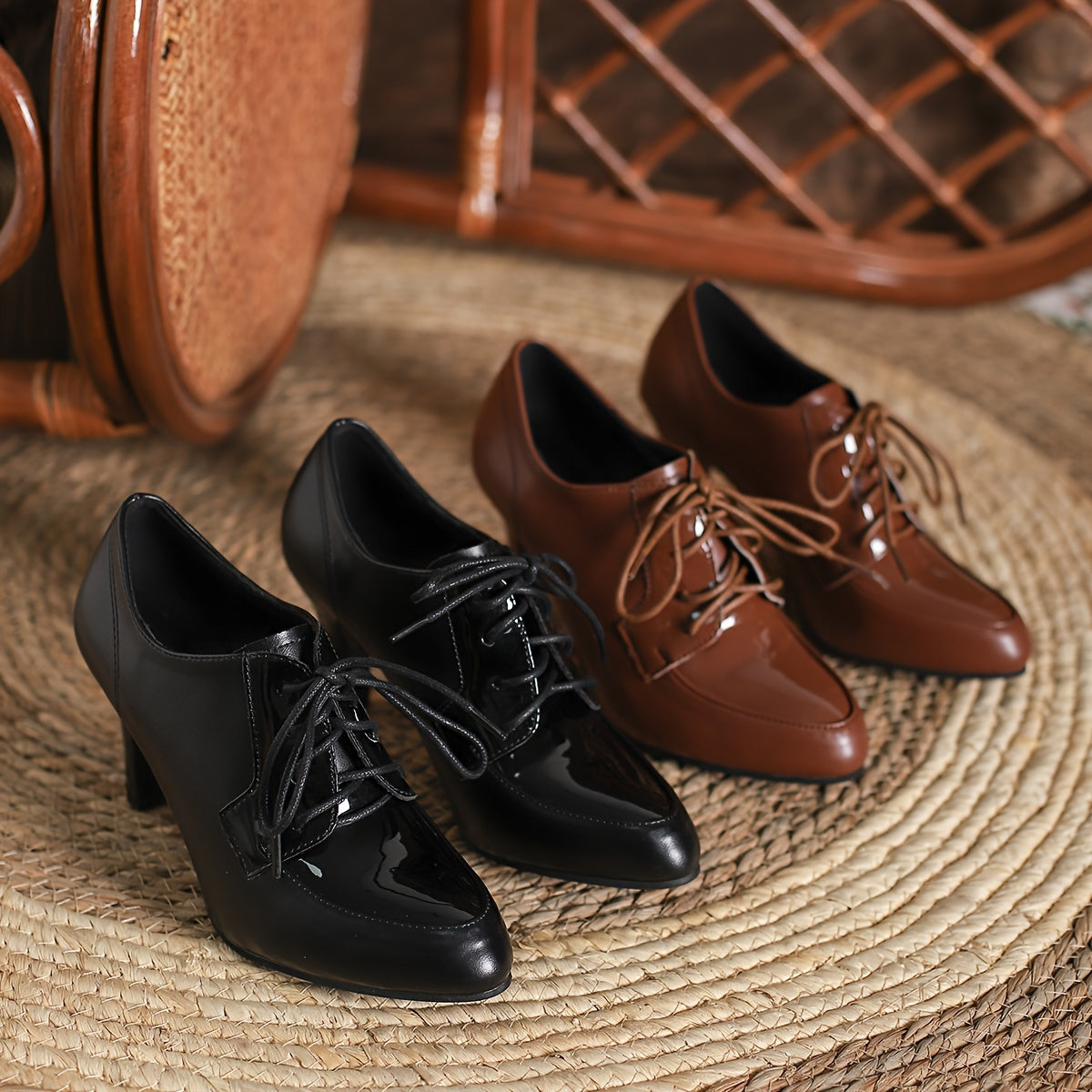 Women's Faux Leather Ankle Boots with Pointed Toe Lace-Up Heels