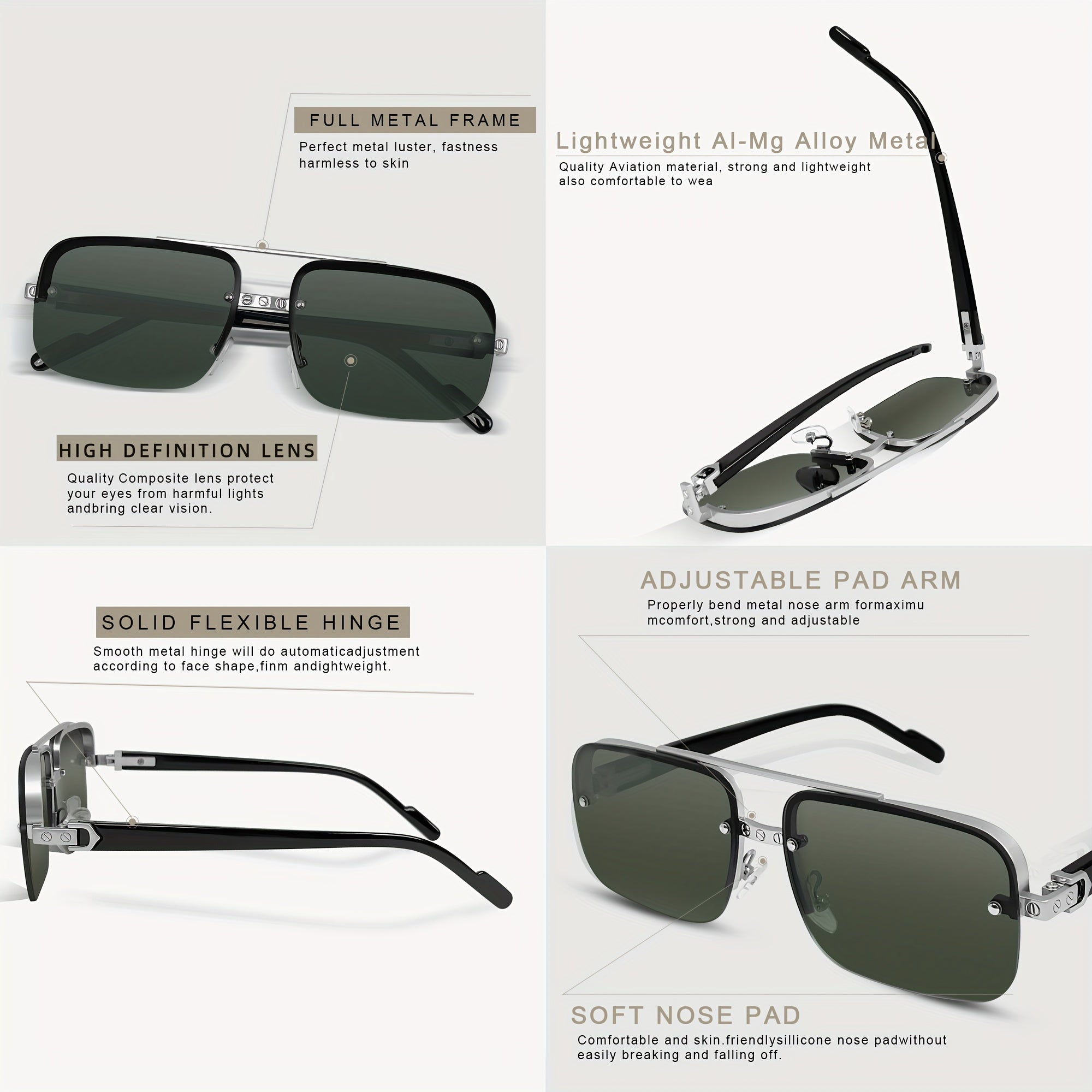 Men's Square Pilot Glasses Metal Frame Driving Travel Fashion