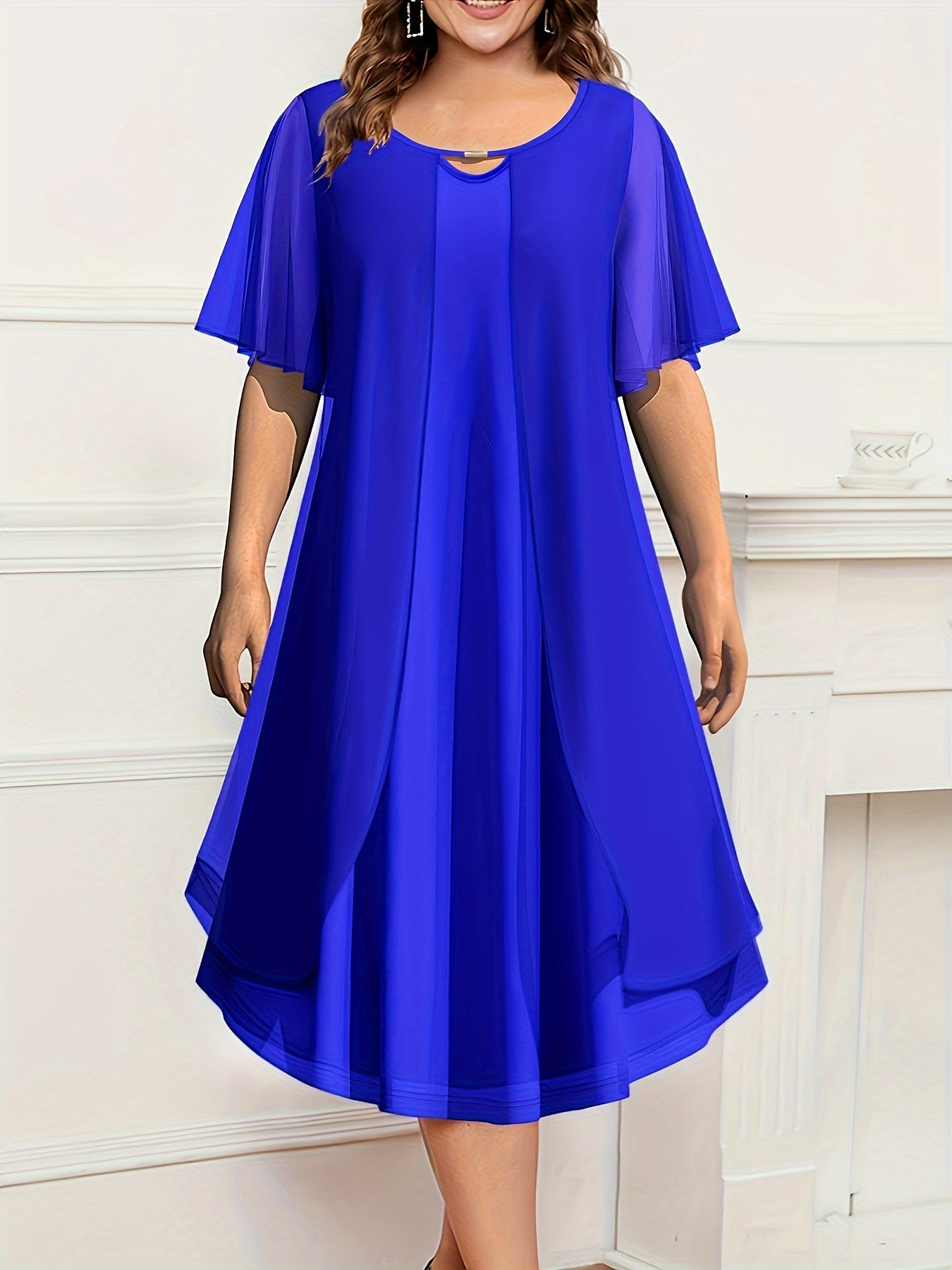 Red Chiffon Dress for Women with Round Neck Half Sleeves Flowy A-Line Keyhole Summer Spring Fall