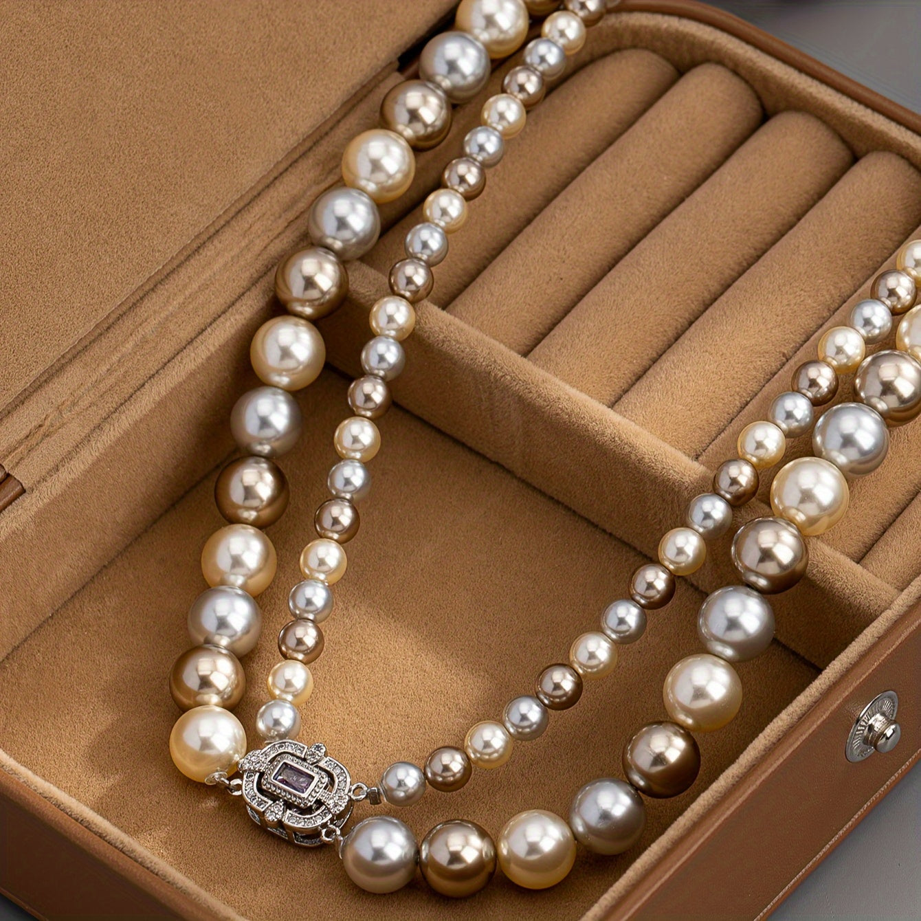 Double Strand Pearl Necklace with 22K Gold Plating and Zirconia Clasp for Weddings and Special Occasions