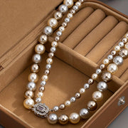 Double Strand Pearl Necklace with 22K Gold Plating and Zirconia Clasp for Weddings and Special Occasions