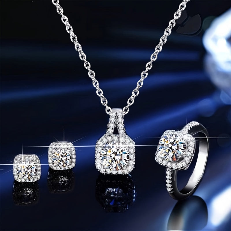 Women's Jewelry Set with Square Synthetic Zirconia Earrings Ring and Necklace Elegant Luxury Gift