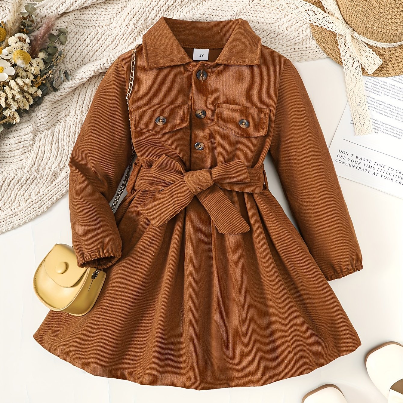 Toddler Girls Solid Midi Dress with Long Sleeves Bow Belt for Parties and Winter