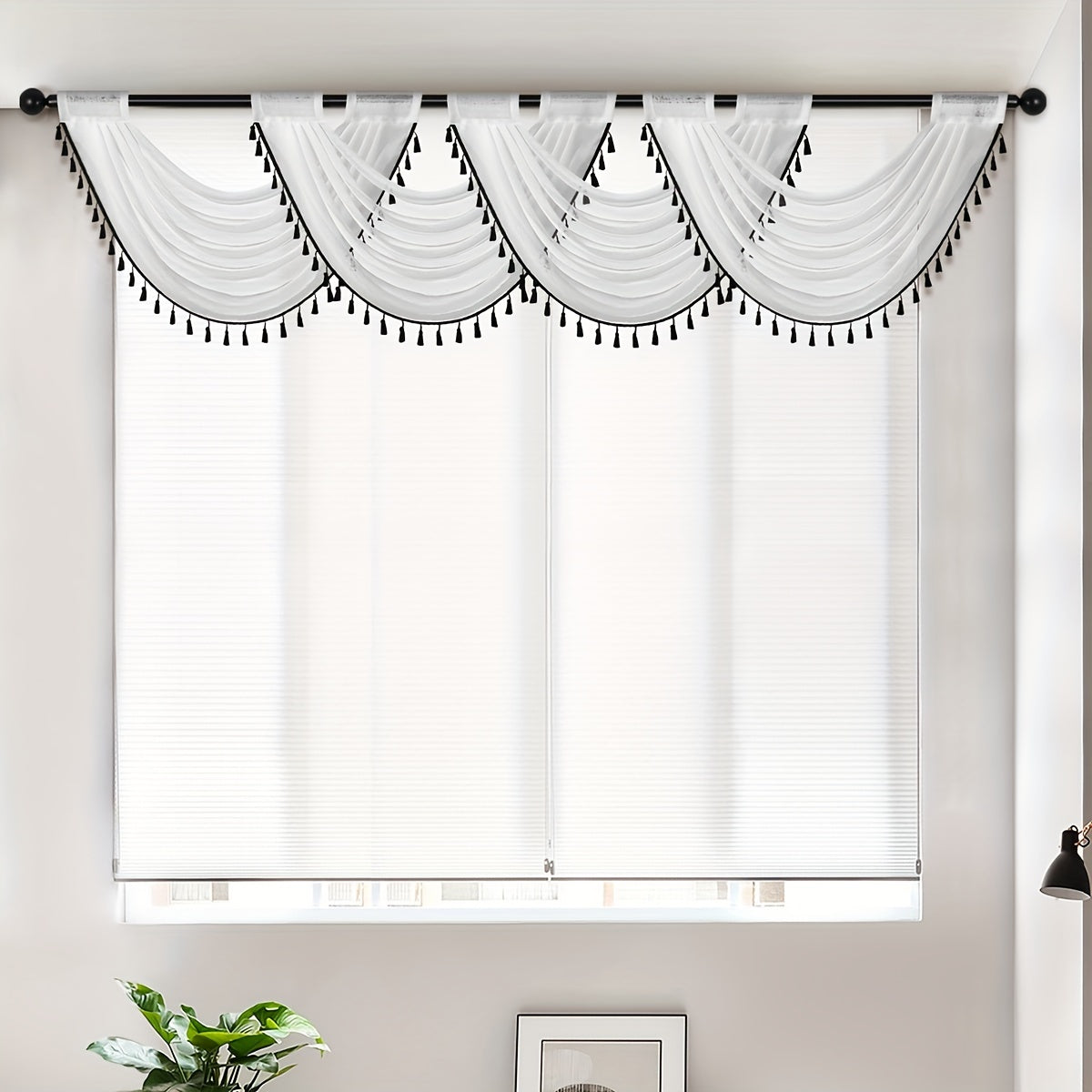 Sheer Wave Curtain Valance with Tassels Edge 30x24 Inches Light-Transmitting Rod Pocket Decor