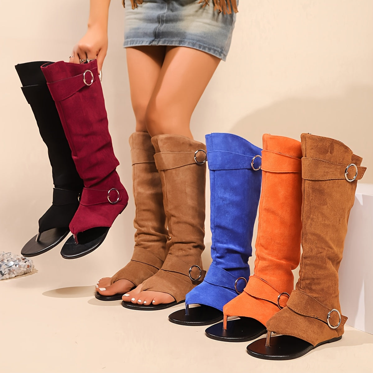 Women's Summer Slouchy Booties with Buckles Open Toe Slip-On Black Burgundy Blue Orange Brown