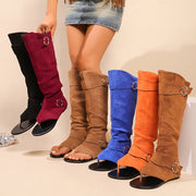 Women's Summer Slouchy Booties with Buckles Open Toe Slip-On Black Burgundy Blue Orange Brown