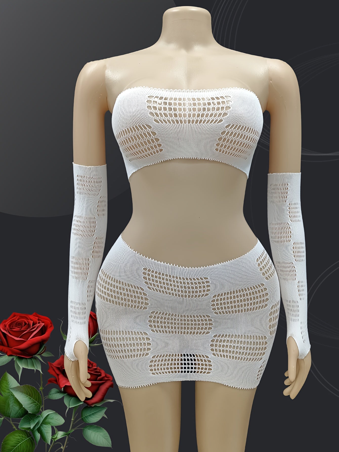 Plus Size Mesh Cutout Skirt Set With Sheer Camisole and Sleeve Cover