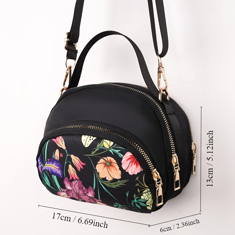 Floral Nylon Crossbody Bag for Women with Adjustable Strap and Zipper Closure