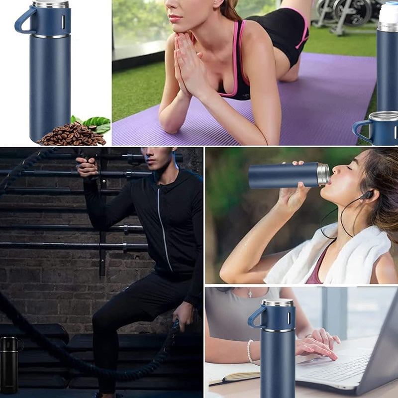 Stainless Steel Vacuum Insulated Hot Water Bottle Set with Cups 500ml Portable