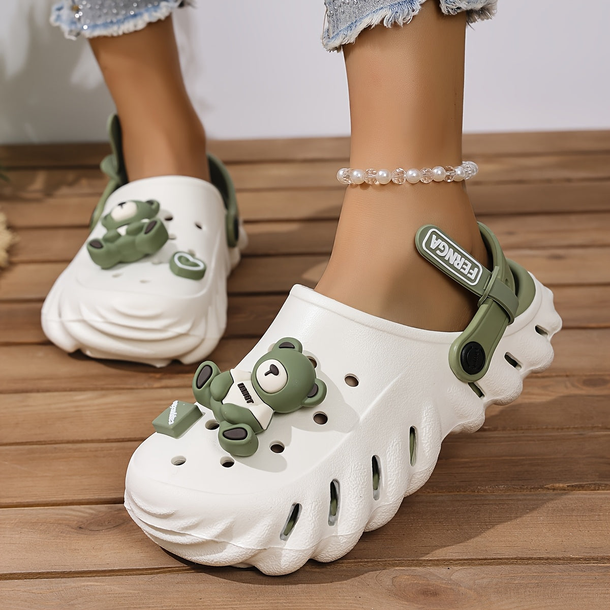Women's Thick-Soled Clogs with Bear Decor, Hollow-Out Design, Breathable Summer Shoes