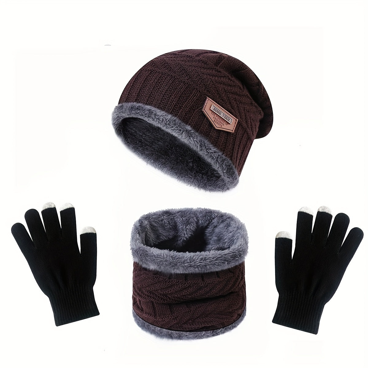 Winter Warm Velvet Hat Scarf Gloves Set for Boys and Girls, Outdoor Riding