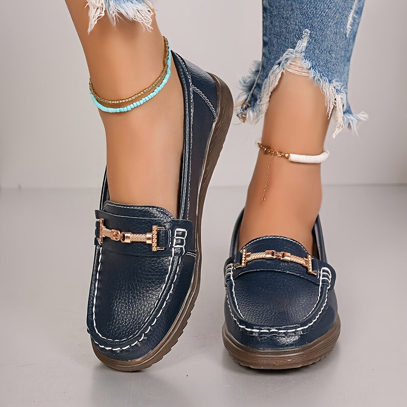 Women's Pu Cover Loafers with Metal Buckle Non-Slip Casual Shoes