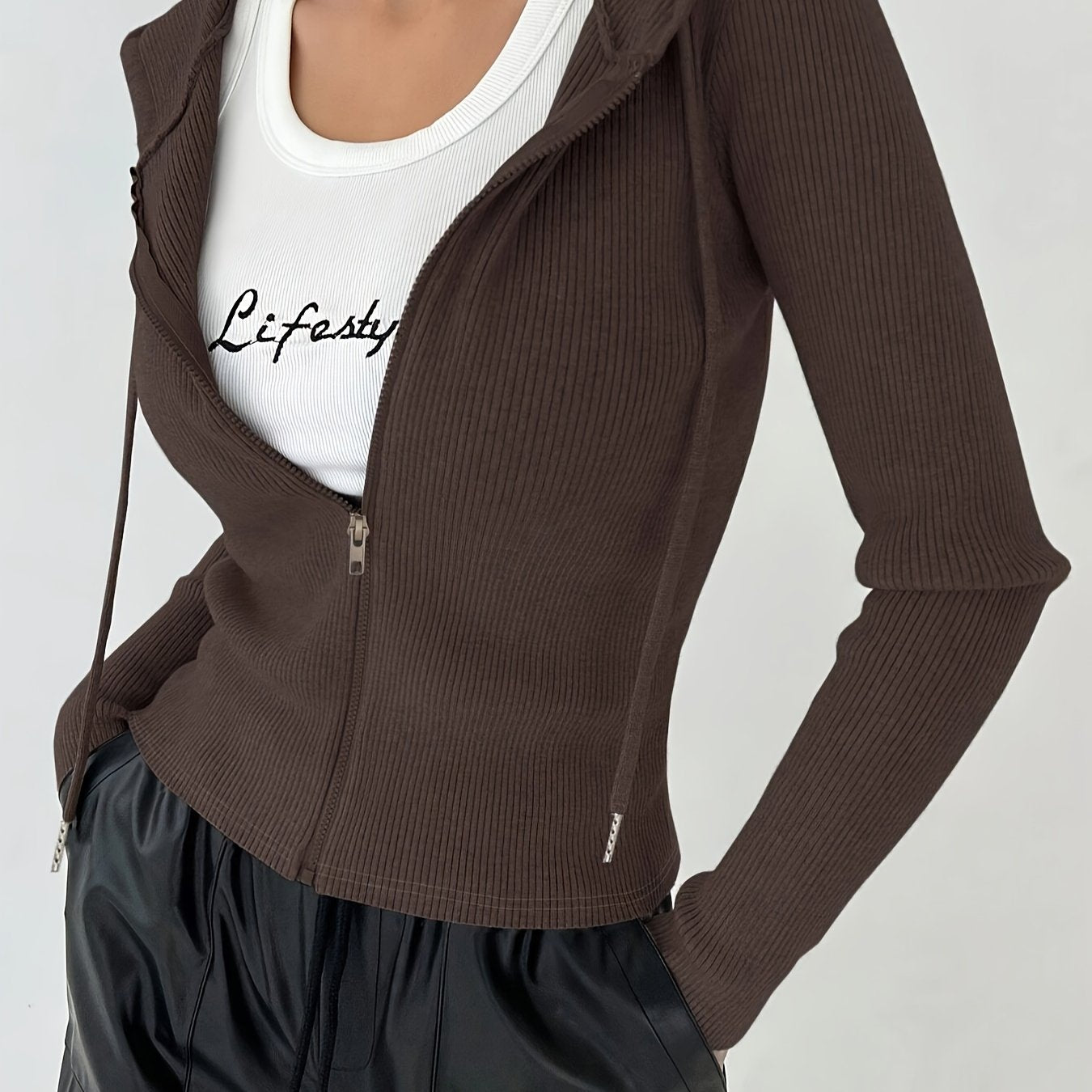 Women's Hooded Jacket Solid Color Knit Polyester Spandex Fall Winter Zipper