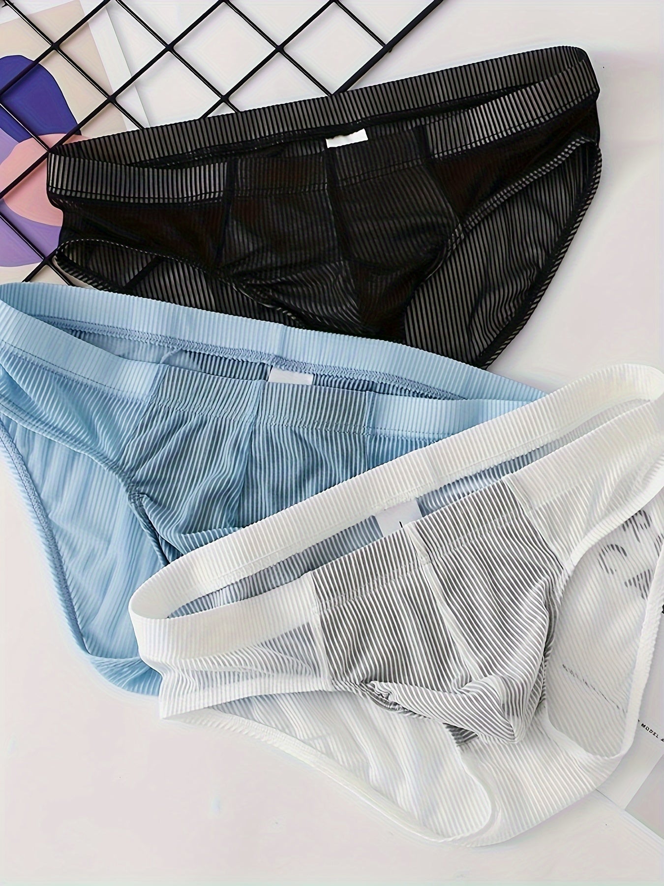 Men's Ice Silky Cool Briefs Set 3 Pack Breathable Semi-Sheer Polyester