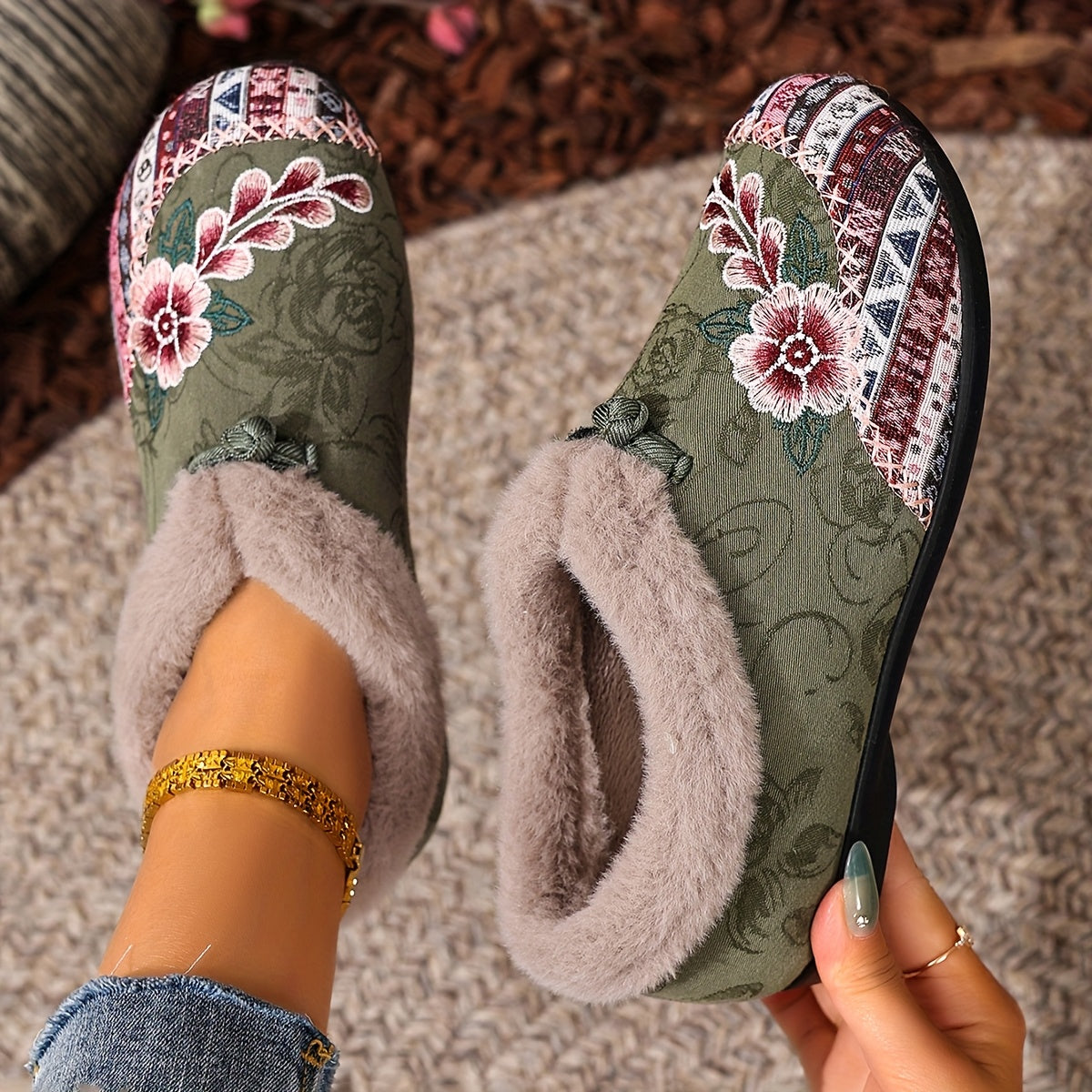 Women's Ankle Boots Winter Warm Anti-Slip Floral Short Shoes