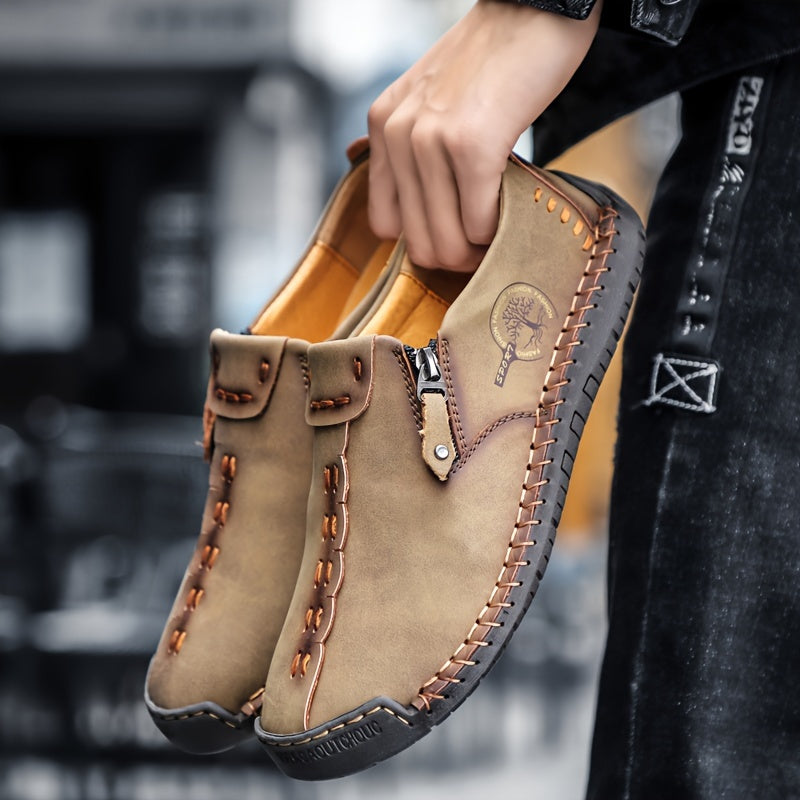 Men's Leather Zipper Loafers Slip-On Casual Shoes for Spring Summer Non-Slip Round Toe