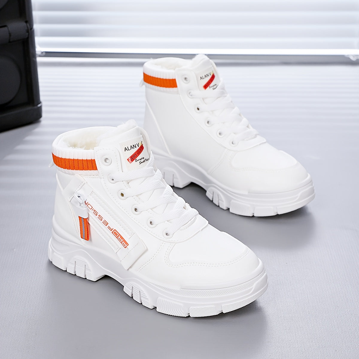 Women's Warm Winter High-Top Sneakers with Fleece Lining and Blue Straps