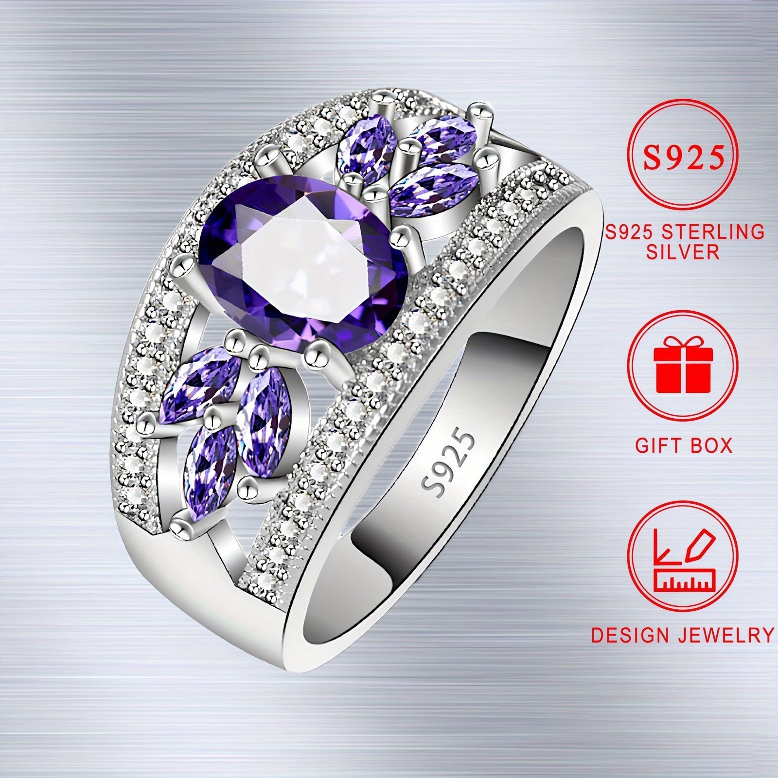 Sterling Silver Ring with Purple Cubic Zirconia Hypoallergenic Nickel-Free Jewelry for Women