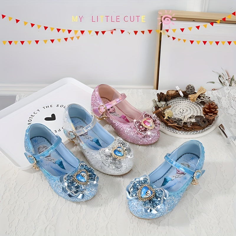 Girls Glittery High Heel Shoes with Pink and Blue Sparkling Embellishments