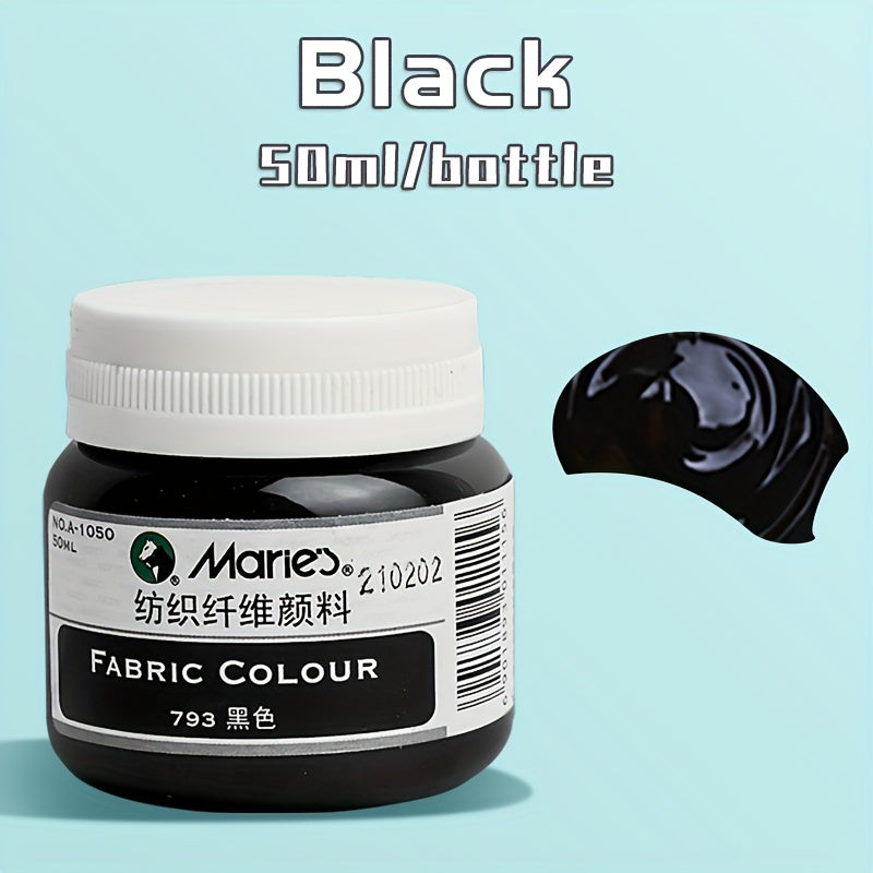 1 shisha Marie's Fabric Paint, 50ml - doimiy kiyim bo'yash uchun 12 rang mavjud. O'rta cho'tka kiritilgan. San'atkorlar va hunarmandlar uchun ideal. T-shirtlar, poyabzallar, jinsilar uchun mos.