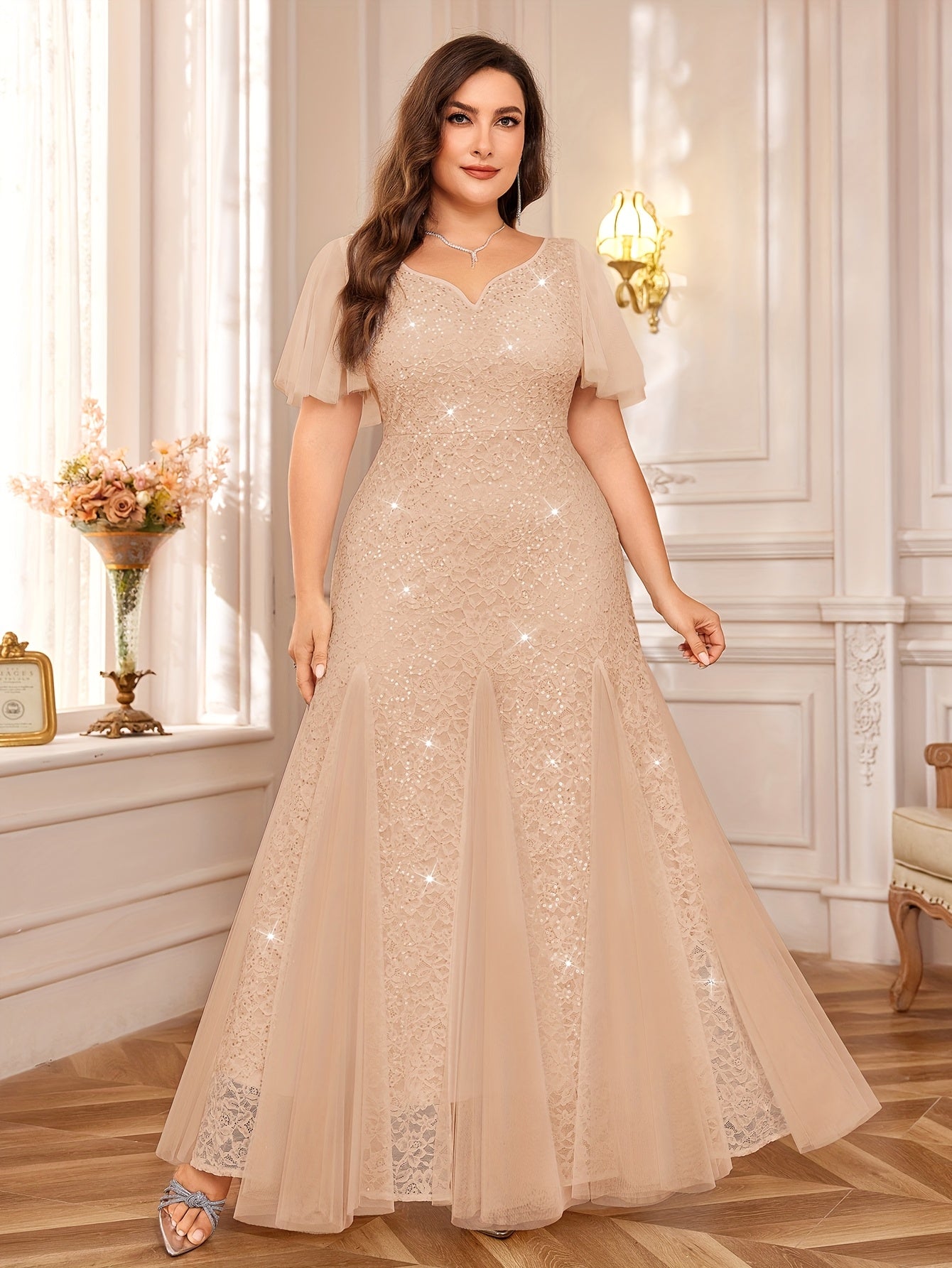 Vestido largo de encaje para mujer talla grande sin mangas con escote en V y dobladillo acampanado para boda