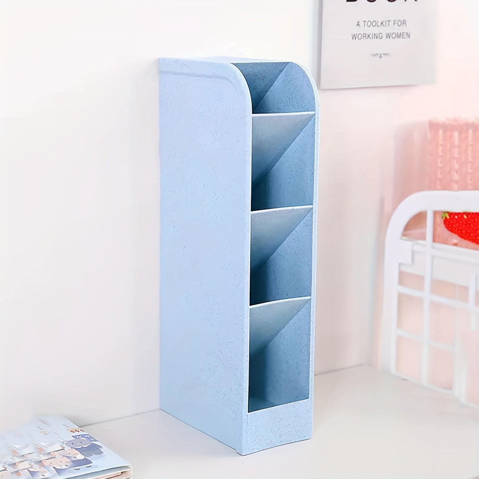 4-Compartment Vertical Desk Organizer with Slant Insert Space-Saving Plastic Storage