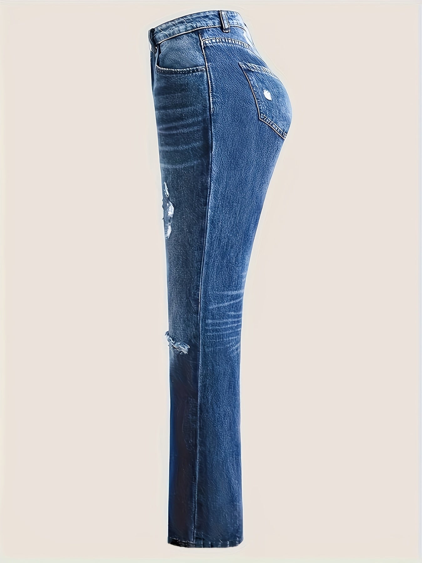 Women's Light Blue Distressed Straight Jeans High Stretch Casual