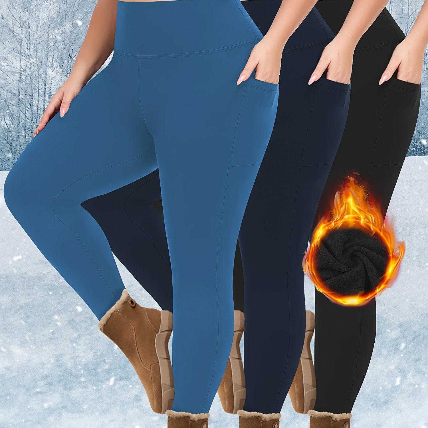 Plus Size Fleece-Lined Leggings High Waist Pockets Knit Solid Color