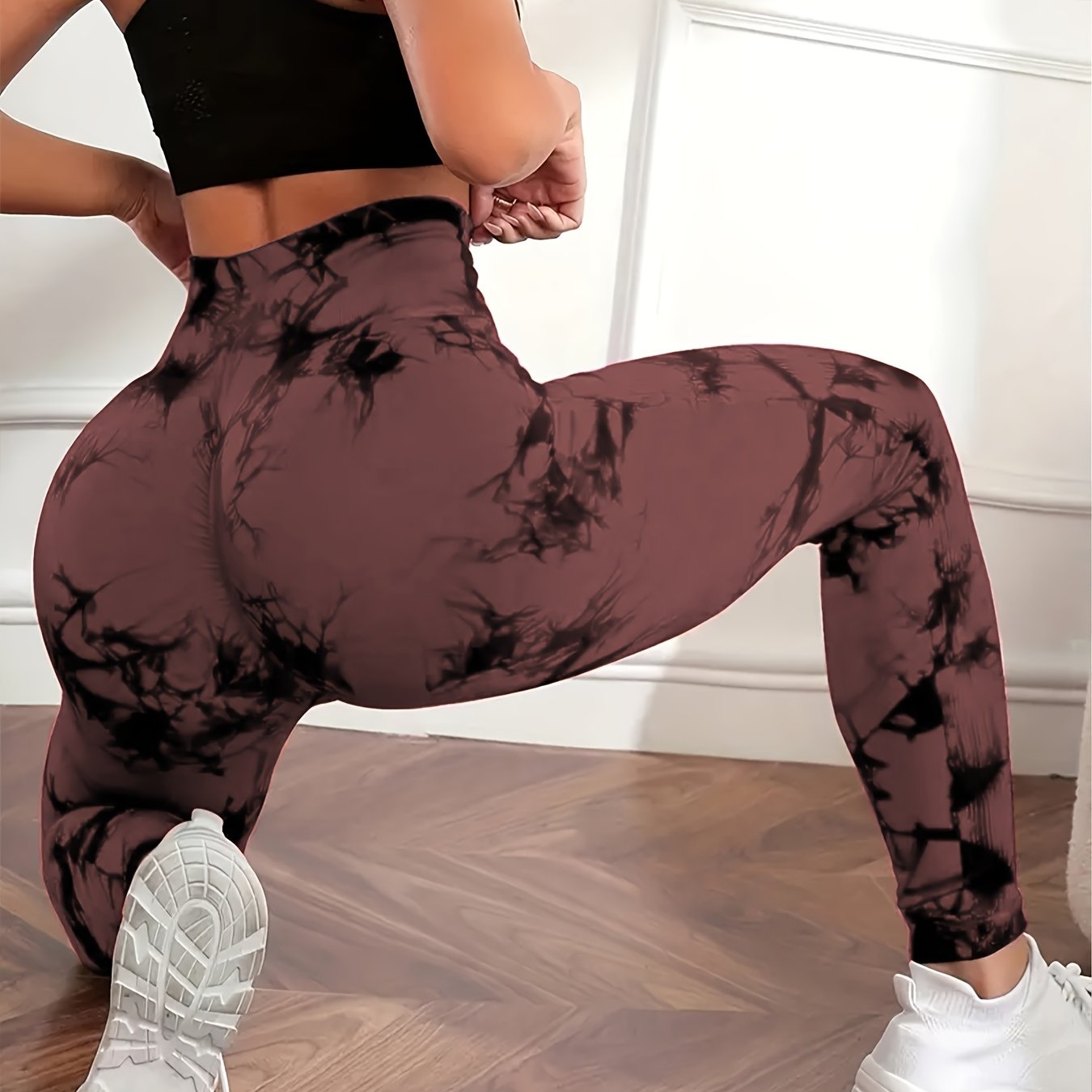Women's High-Waist Peach Tie-Dye Yoga Leggings Seamless Breathable Nylon Elastane