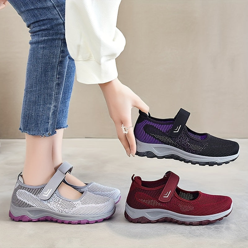 Women's Breathable Knit Sneakers Casual Low-Top Running Shoes with Hook-and-Loop