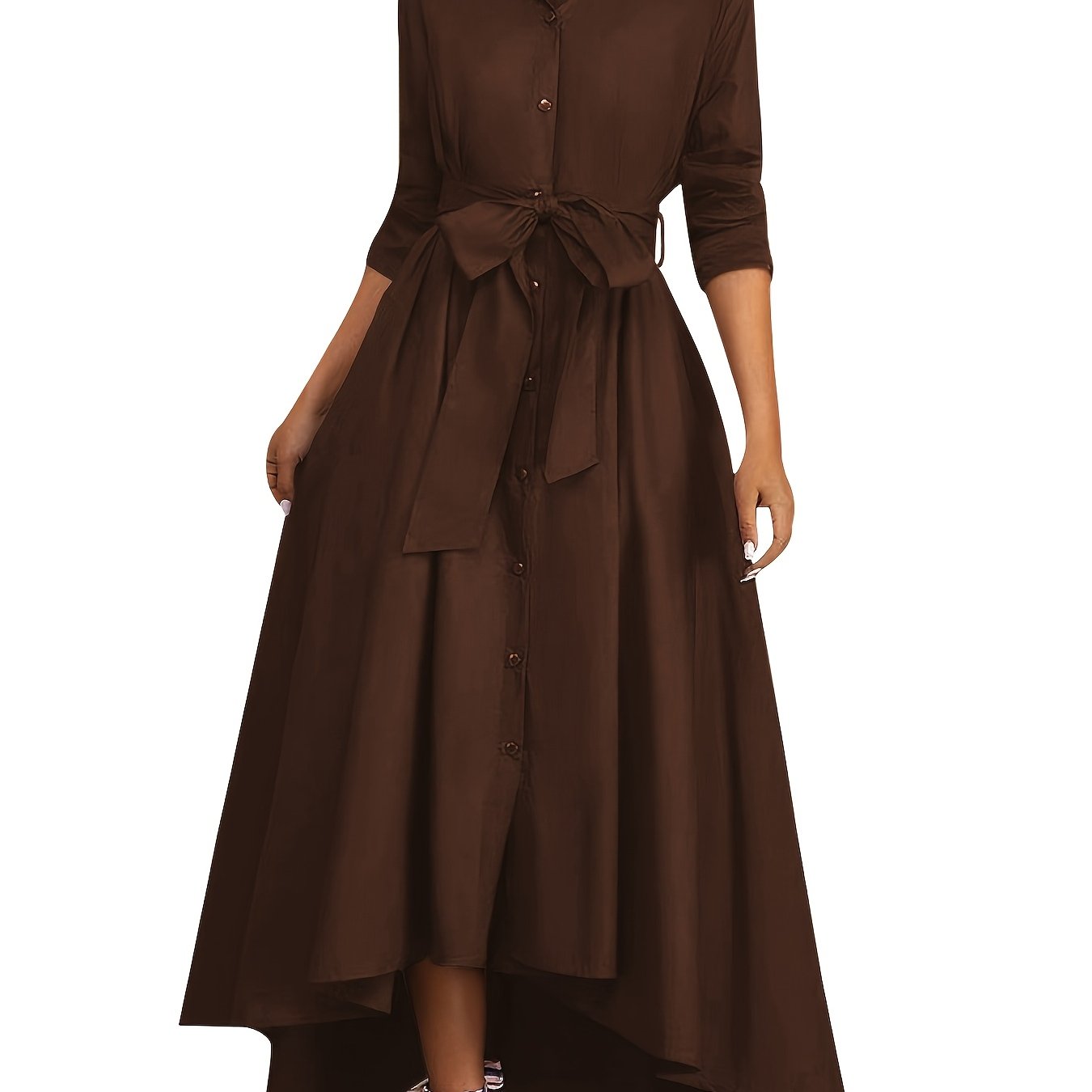 Green Midi Dress for Women Long Sleeve Belted Button-Up Collar Casual Fall Winter