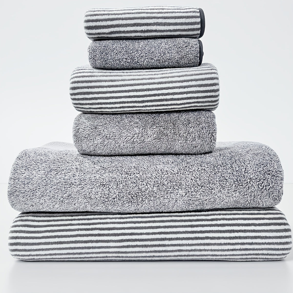 Dark Gray Stripe 6-Piece Towel Set Ultra-Soft Coral Fleece Quick-Drying Bath Hand Washcloths