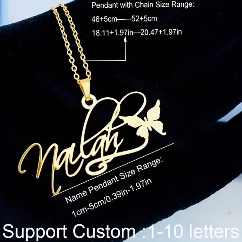 Gold Plated Butterfly Name Necklace for Women Stainless Steel Removable Heart Pendant Jewelry