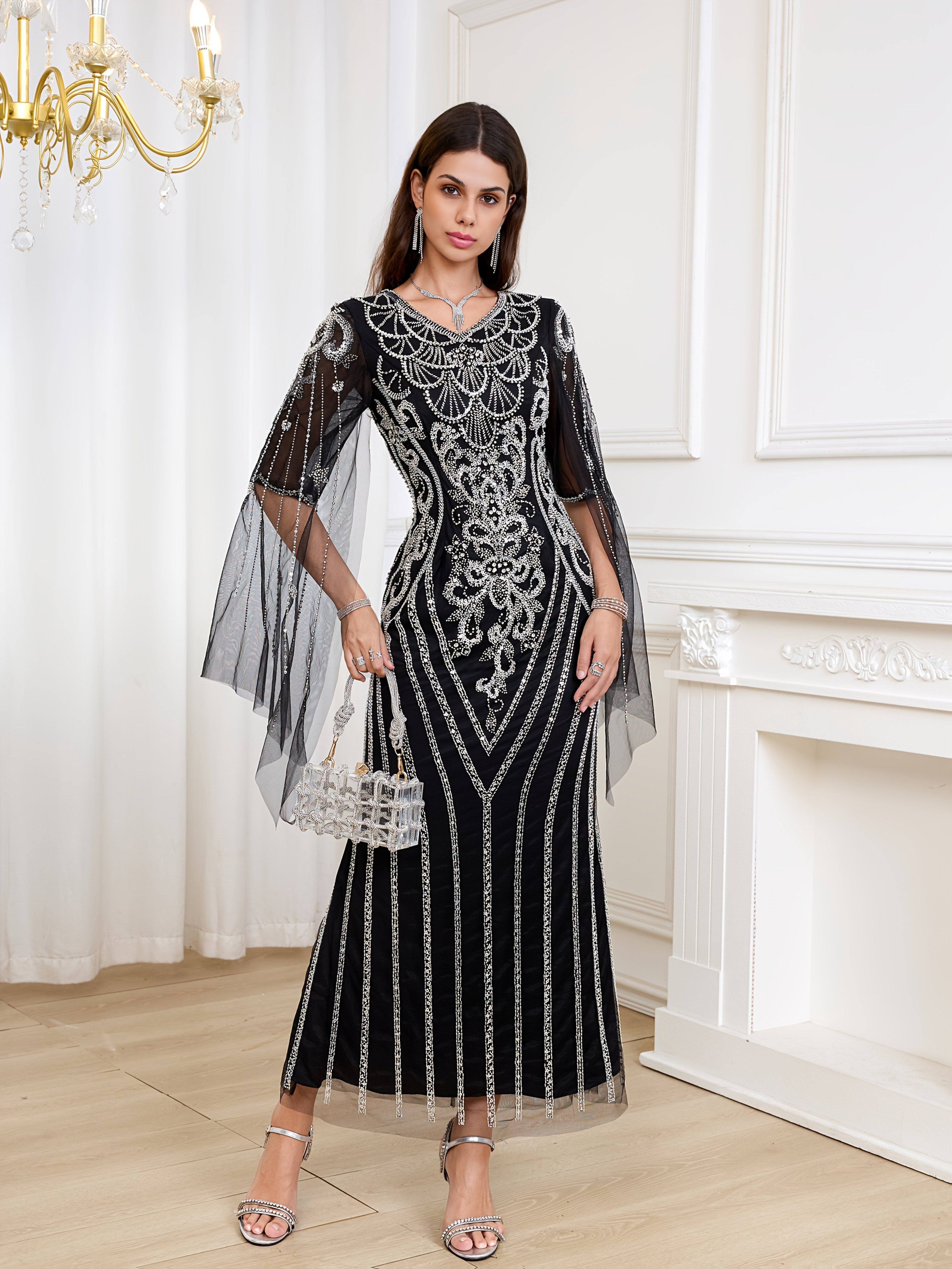 Women's V-Neck Long Dress with Sequin Details for Weddings and Events