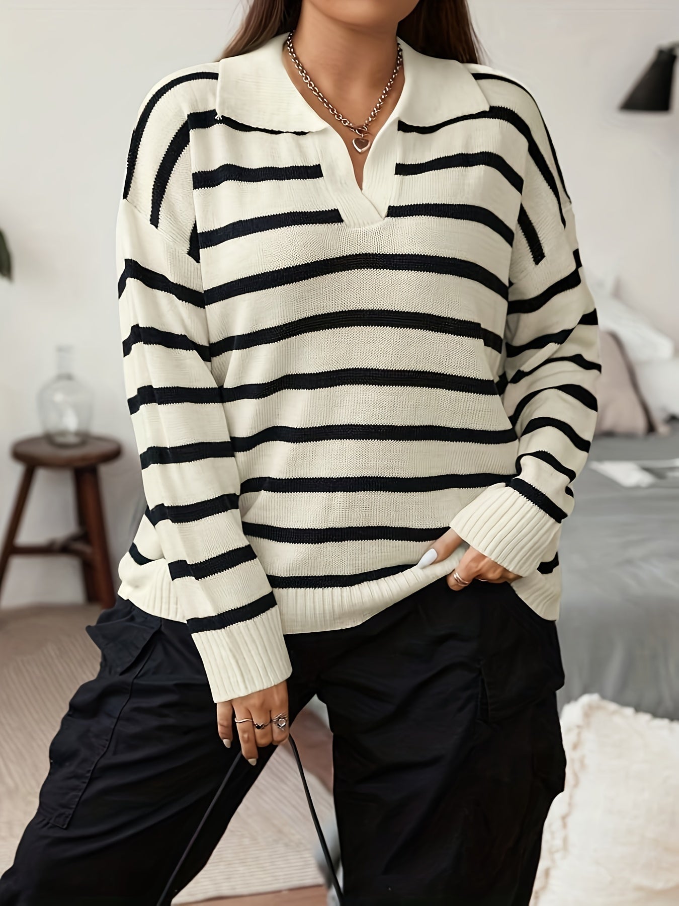 Plus Size Women's Striped Knit Long Sleeve Pullover Top for Fall Winter