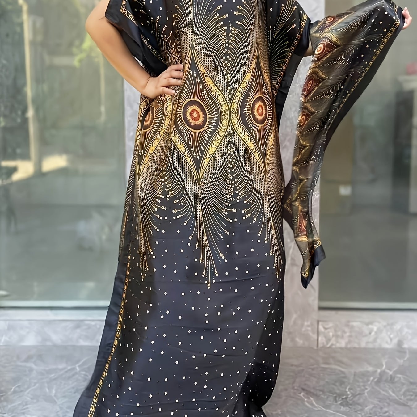 Plus Size Floral Print Longline Dress Short Sleeve Crew Neck Summer Women's Clothing