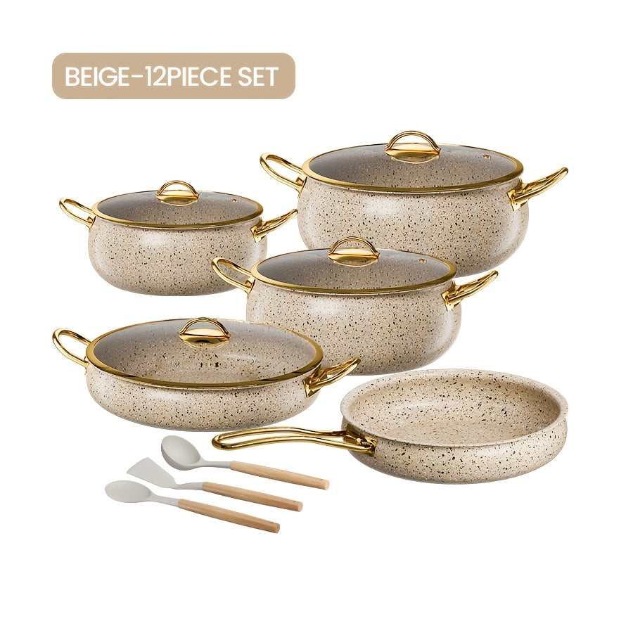12-Piece Stainless Steel Cookware Set Non-Stick Pots with Golden Handles and Silicone Kitchenware