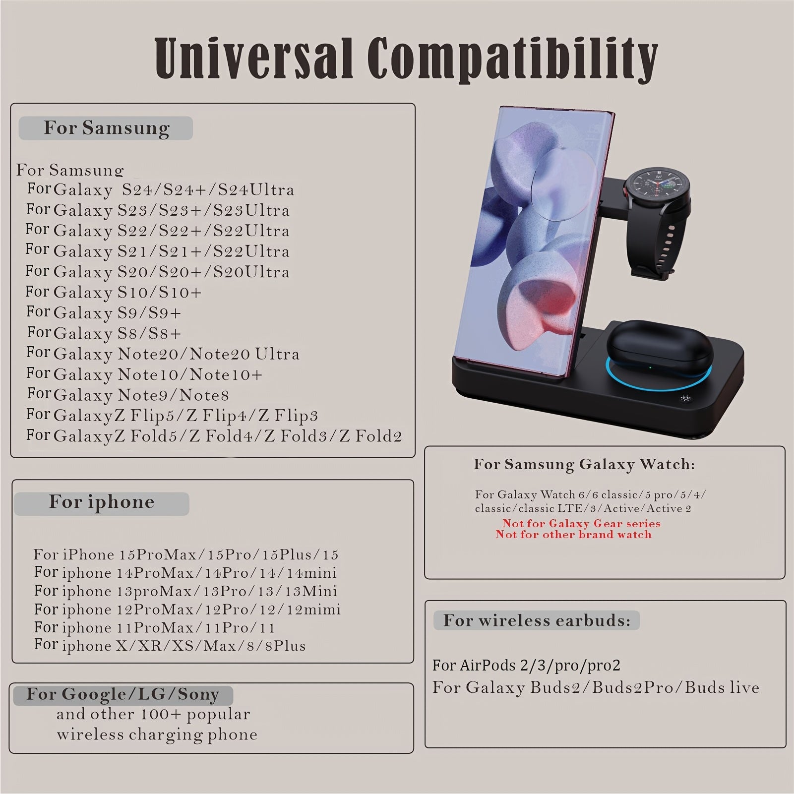 Samsung va Android qurilmalari uchun 4-in-1 simsiz zaryadlash stantsiyasi, LED kechki chiroq bilan