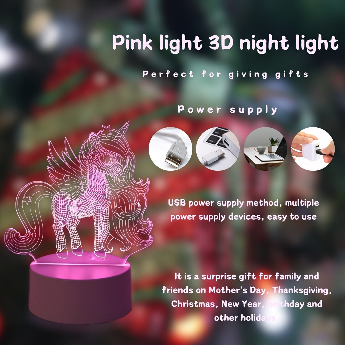 3D Unicorn Night Light USB Desk Lamp for Kids and Adults with Switch