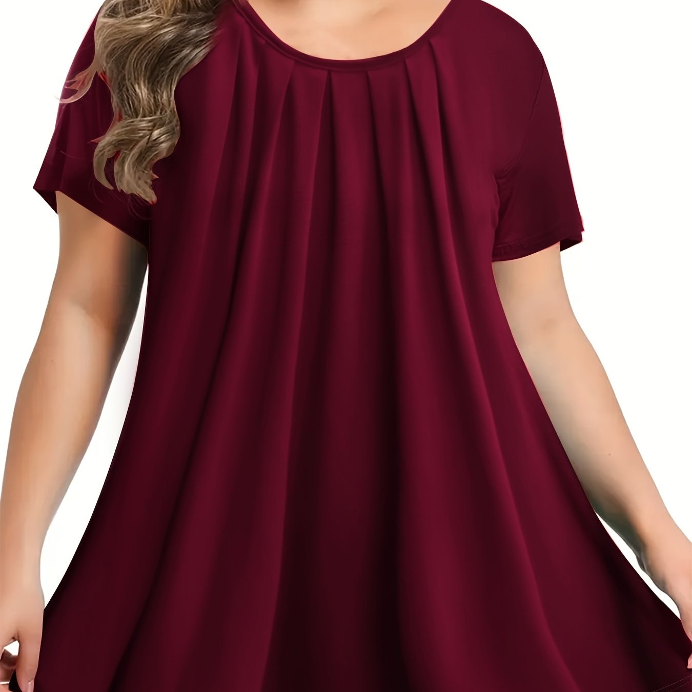Plus Size Women's Loose Fit Crew Neck Top with Ruched Bust Polyester Knit All Season