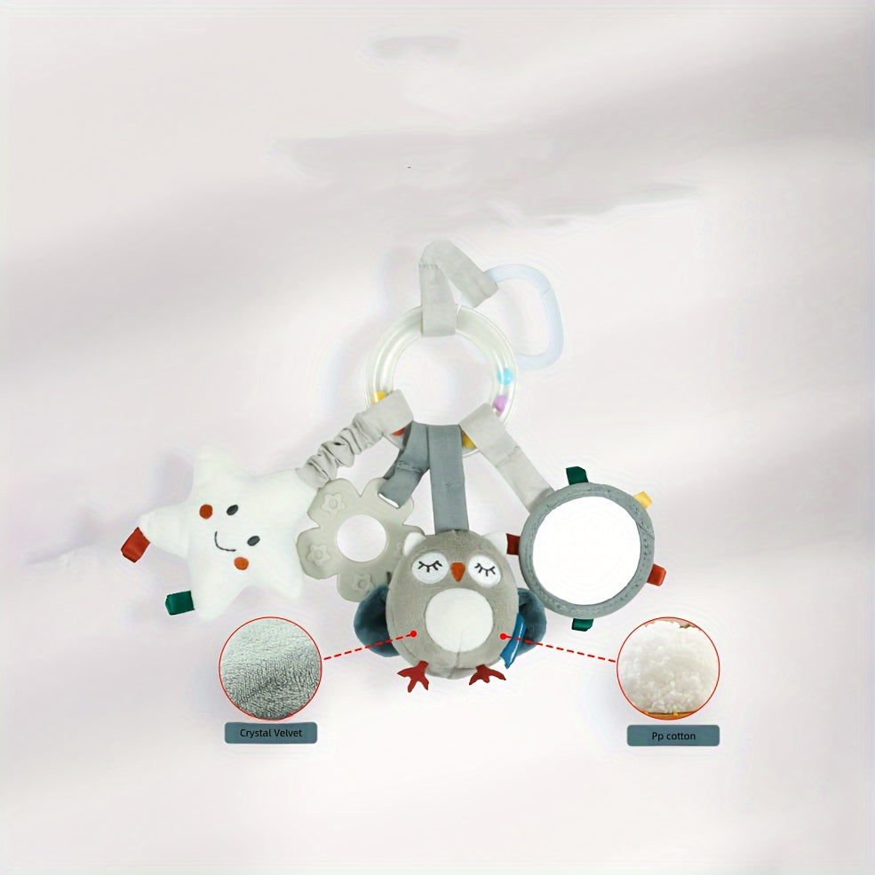 Baby Car Seat Toy Plush Mobile with Mirror Teething Ring Textured Beads for Stroller and Crib