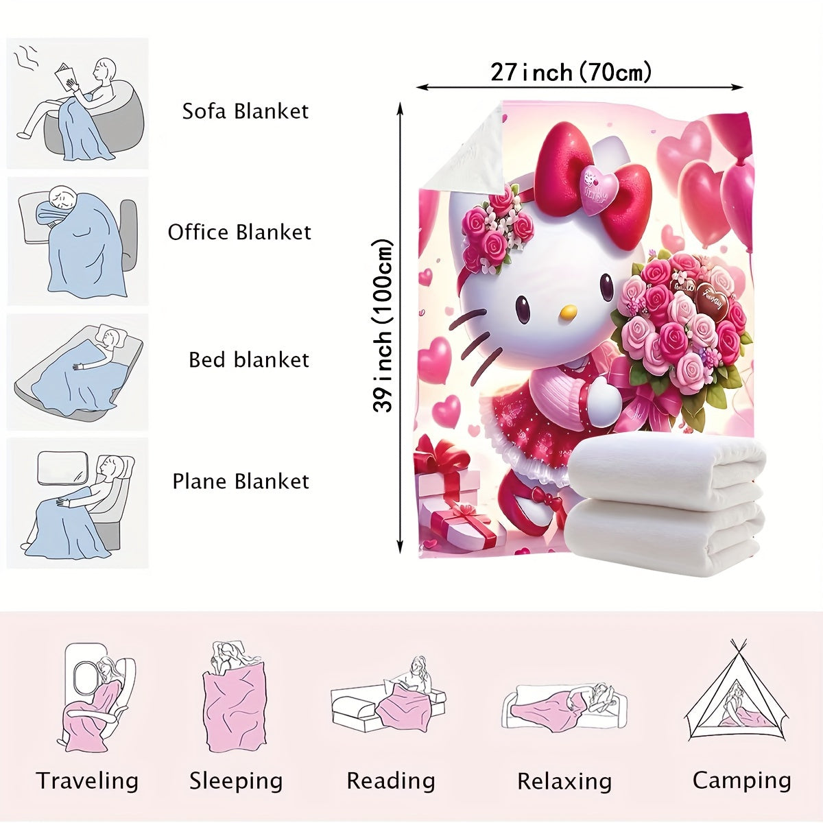 Kids Flannel Throw Blanket with Hello Kitty Digital Print Soft Plush Polyester All-Season Cozy Bed Sofa Use