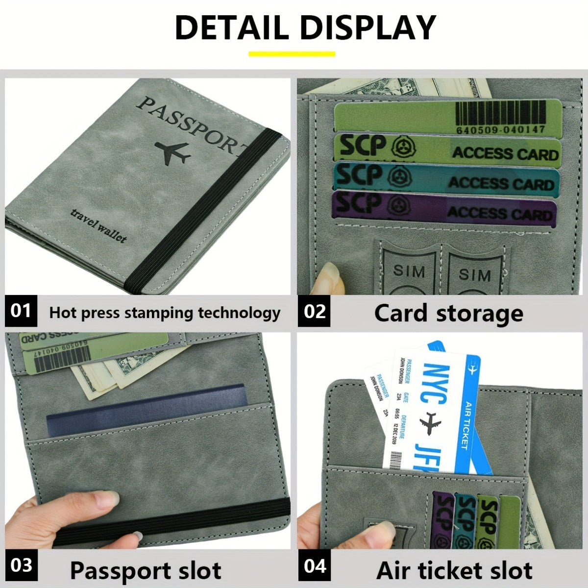 RFID Passport Holder Thin Retro PU Wallet Travel Document Organizer Light Grey
