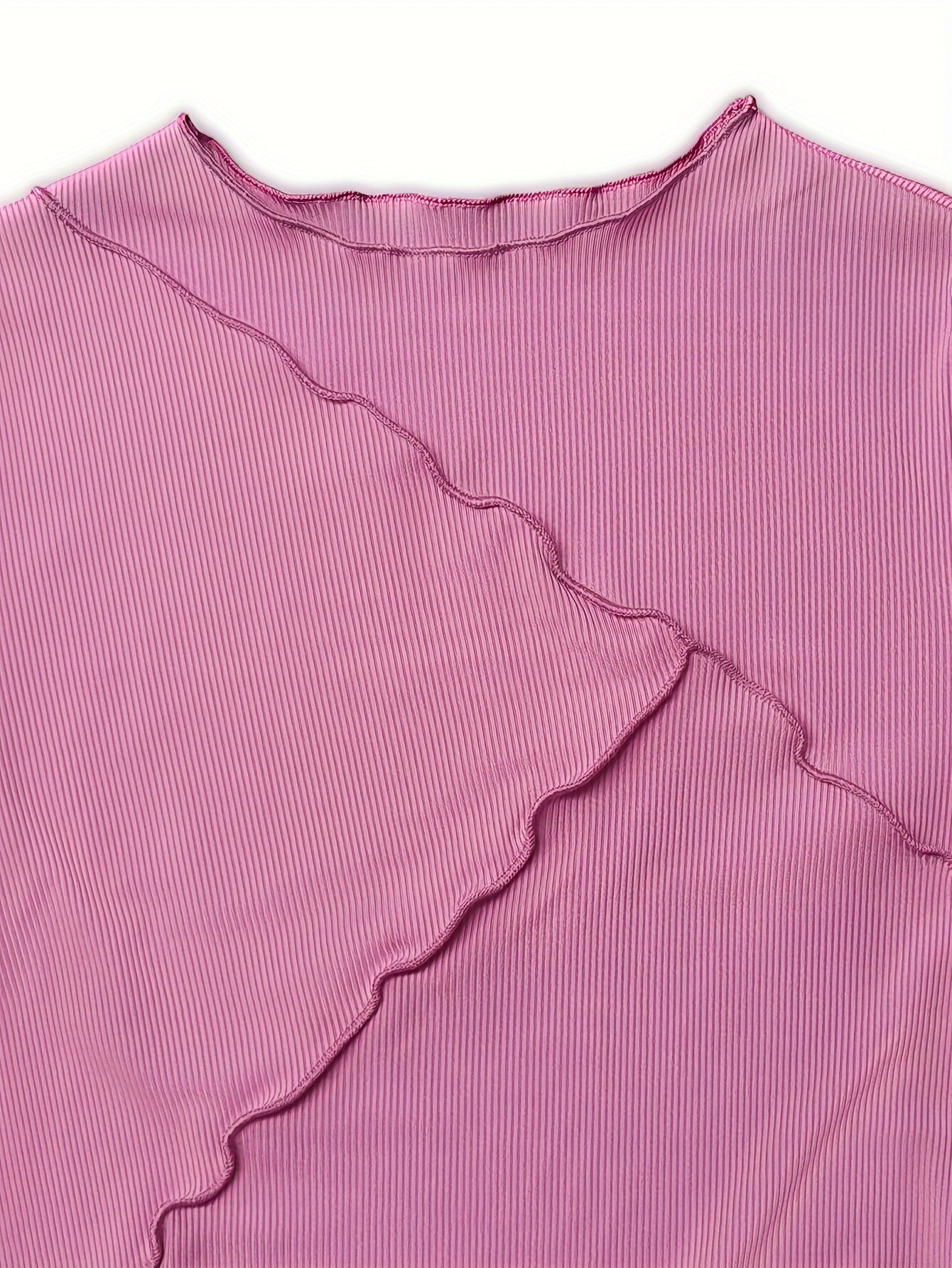 Women's Long Sleeve Crew Neck T-Shirt with Scalloped Hem Solid Color Casual Knit Fabric