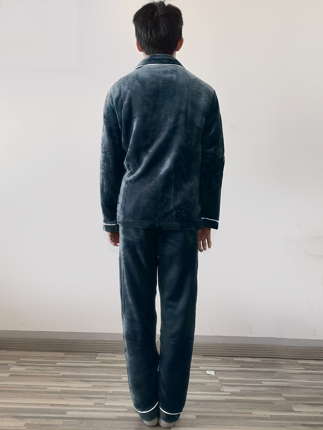 Men's Flannel Pajama Set with Cartoon Print Long Sleeve Loose Fit Polyester Velvet Autumn Winter Home Wear