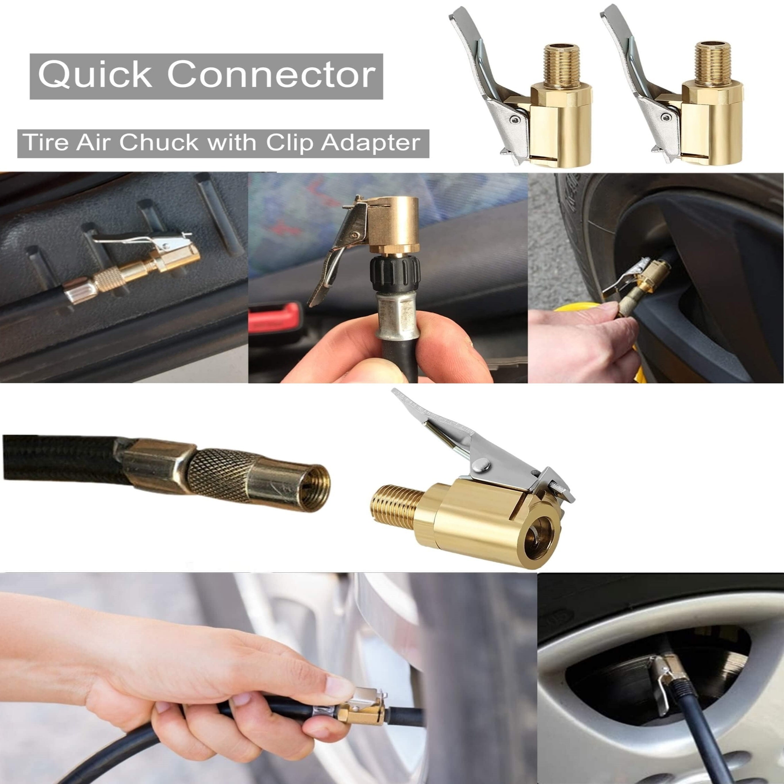 Brass Tire Air Chuck with Clip Adapter for Vehicle Inflator Pump