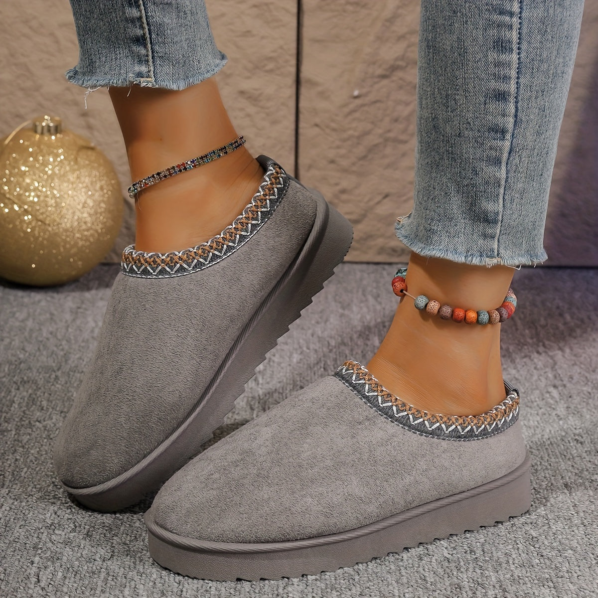 Women's Flannel Ankle Booties Casual Slip-on Round Toe Flat Heel Loafers