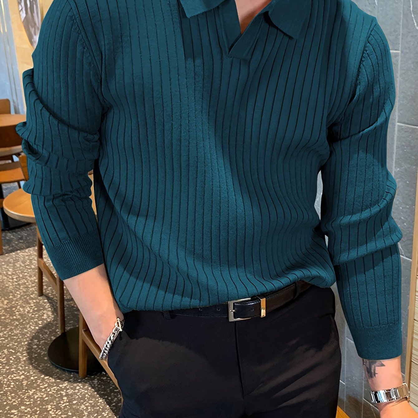 Men's V-Neck Sweater for Autumn and Winter Knit Fabric Solid Color Casual