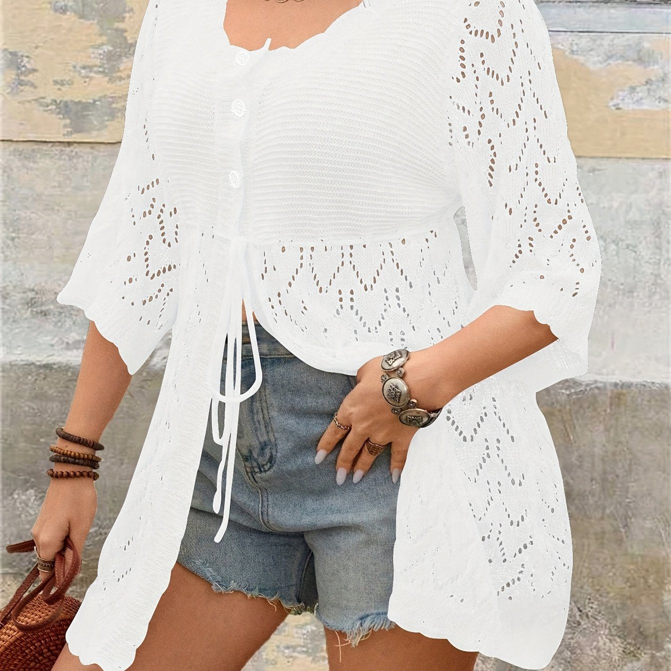 Women Plus Size Tie-Front V-Neck Cardigan for Spring and Autumn