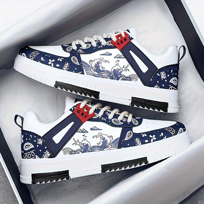 Erkaklar uchun pastki skate poyabzallari, to'lqin naqshiga ega, ochiq havoda yurish va sayohat qilish uchun mos. Sirpanmaydigan tasodifiy poyabzal.